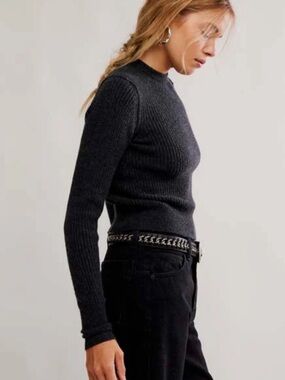 Free People Charcoal Gray Ribbed Crewneck Sweater